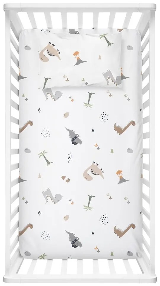 Białe prześcieradło dziecięce do łóżeczka z bawełny renforcé 100x150 cm Dinozor – Mijolnir