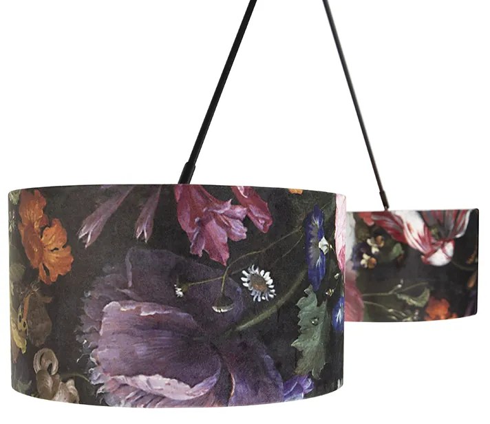 Lampa wisząca czarna z abażurami z aksamitu w kwiaty ze złotem 35 cm 2-światłowa - Blitz klasyczny/Antyczny Oswietlenie wewnetrzne
