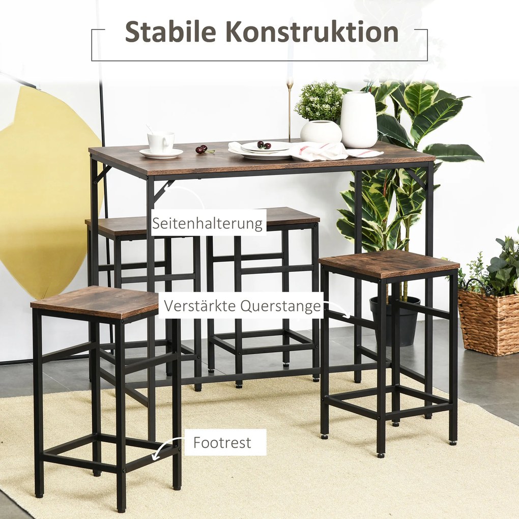 HOMCOM Stół barowy z hokerami zestaw 5 części rustykalny brąz czarny nowoczesny design | Aosom PL