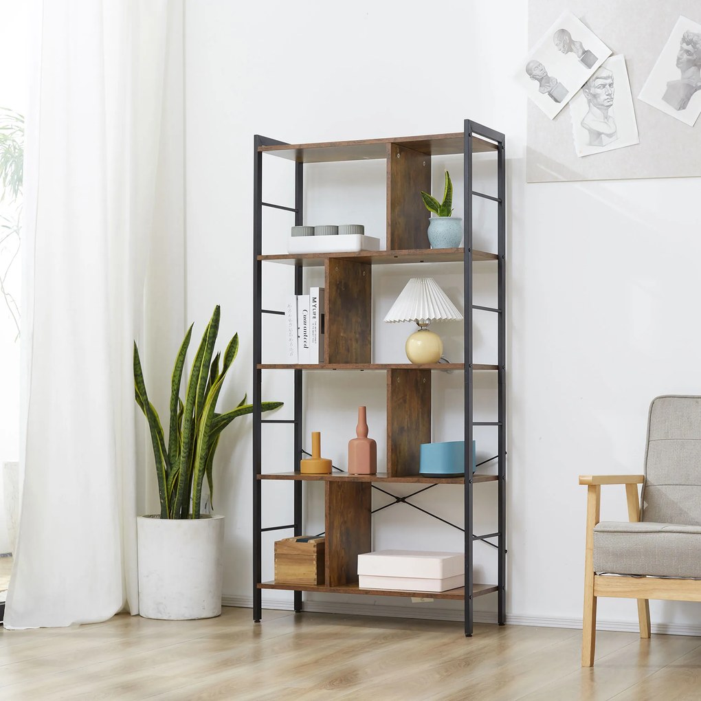 HOMCOM Regał na książki, wąski regał stojący z 5 półkami, regał biurowy do salonu, 77 x 30 x 57,5 cm, Rustykalny brąz | Aosom PL