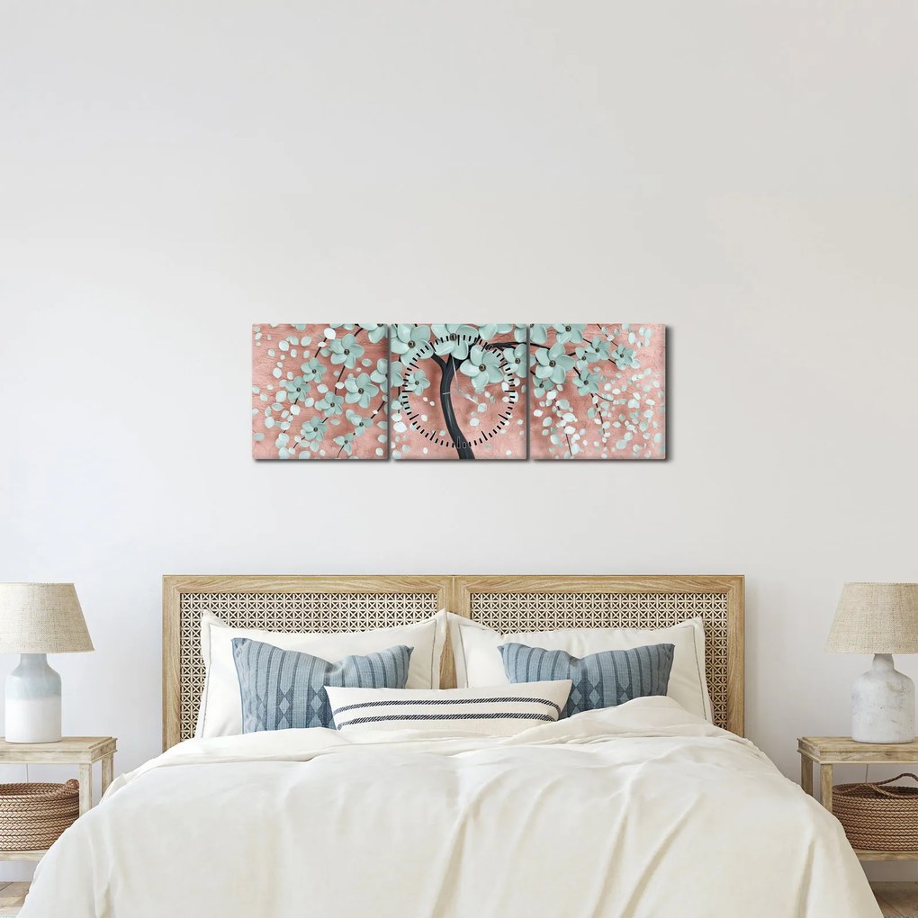 Obraz - Pastelowe niebieskie kwiaty (z zegarem) (90x30 cm)