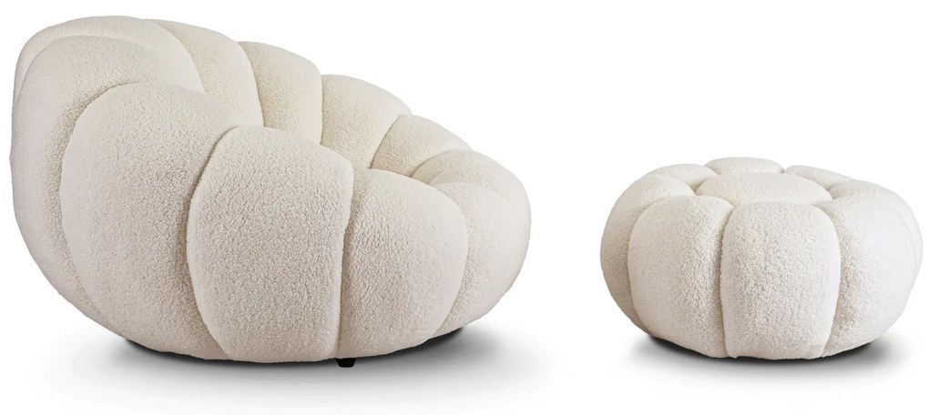 Fotel Wypoczynkowy Obrotowy PETTIT Kremowy z Pufą w Tkaninie Teddy Boucle