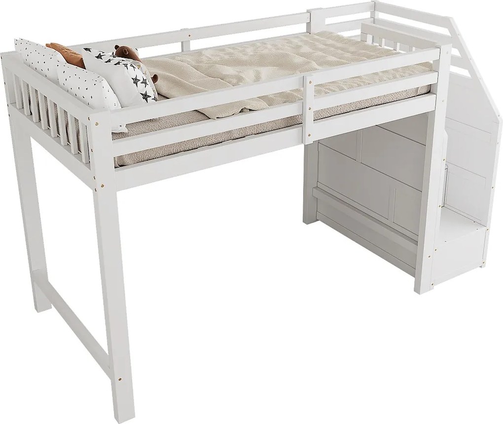 Łóżko piętrowe drewniane 90x200 cm - z barierkami i schodkami do przechowywania - białe
