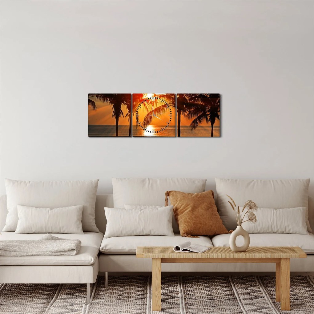 Obraz palmy o zachodzie słońca (z zegarem) (90x30 cm)