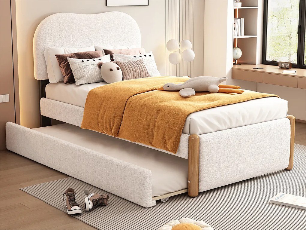 Łóżko tapicerowane z pluszu 90x200cm - z wysuwanym łóżkiem 90x190cm - z stelażem z listew MDF - Białe