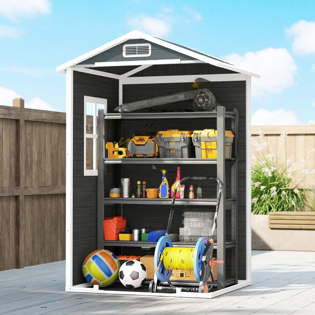Outsunny Domek ogrodowy 1,1 m² z wyglądem drewna, okno, dwuspadowy dach, wentylacja, podłoga, zamek, rękawice, szary | Aosom PL