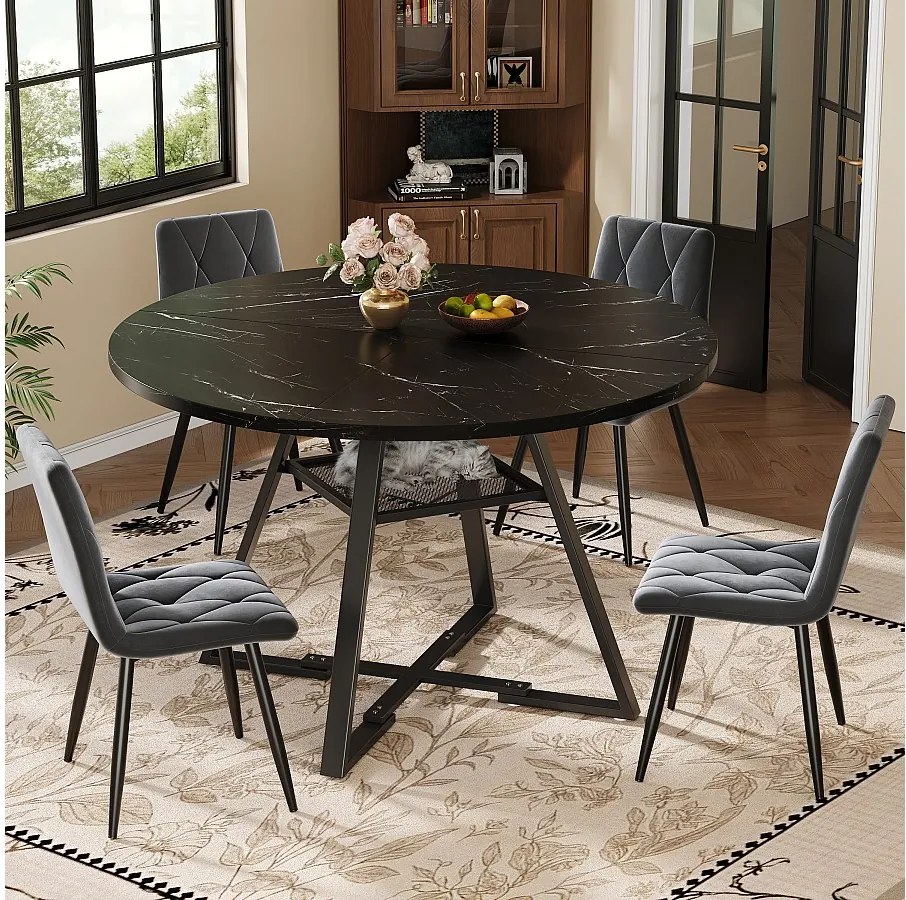 Zestaw stołowy (5 elementów) - stół 120 x 120 x 75 cm + 4 krzesła welurowe - MDF + Metal - czarny