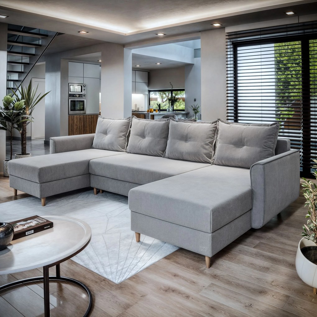 Masseno Narożnik VERNI z funkcją spania i pojemnikiem na pościel Narozniki U, Rozkładana sofa - Jasnoszary, PAROS 05