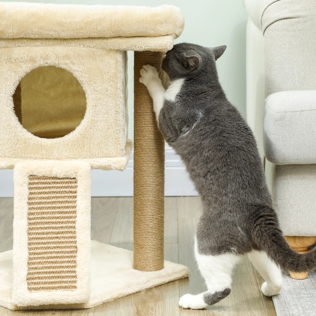 PawHut Drapak z matą do drapania z juty, platformą do leżenia, piłką do zabawy, domkiem dla kota, Beżowy, 40 x 40 x 57 cm