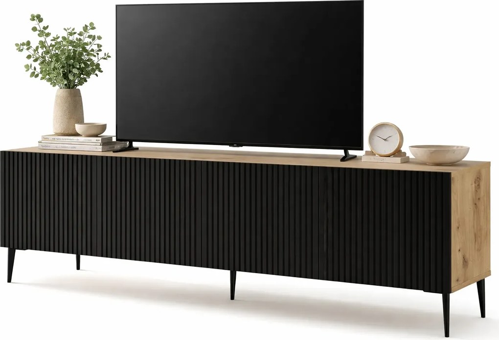 Szafka na TV dąb artisan z czarnym lamelowym frontem G3-T20