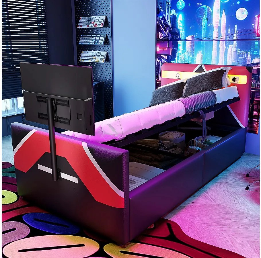 Łóżko dziecięce z pojemnikiem - 90 x 200 cm - z diodami LED + schowek hydrauliczny + zintegrowany stojak pod TV - PU - czarny + czerwony
