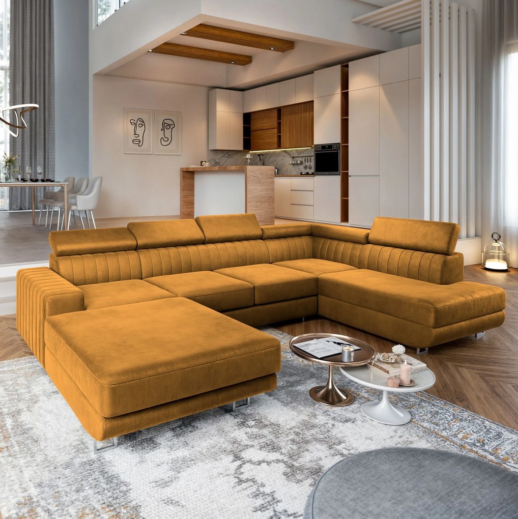 Masseno Narożnik SIENA z funkcją spania i pojemnikiem na pościel Narozniki U, Rozkładana sofa - Żółty, MONOLITH 48