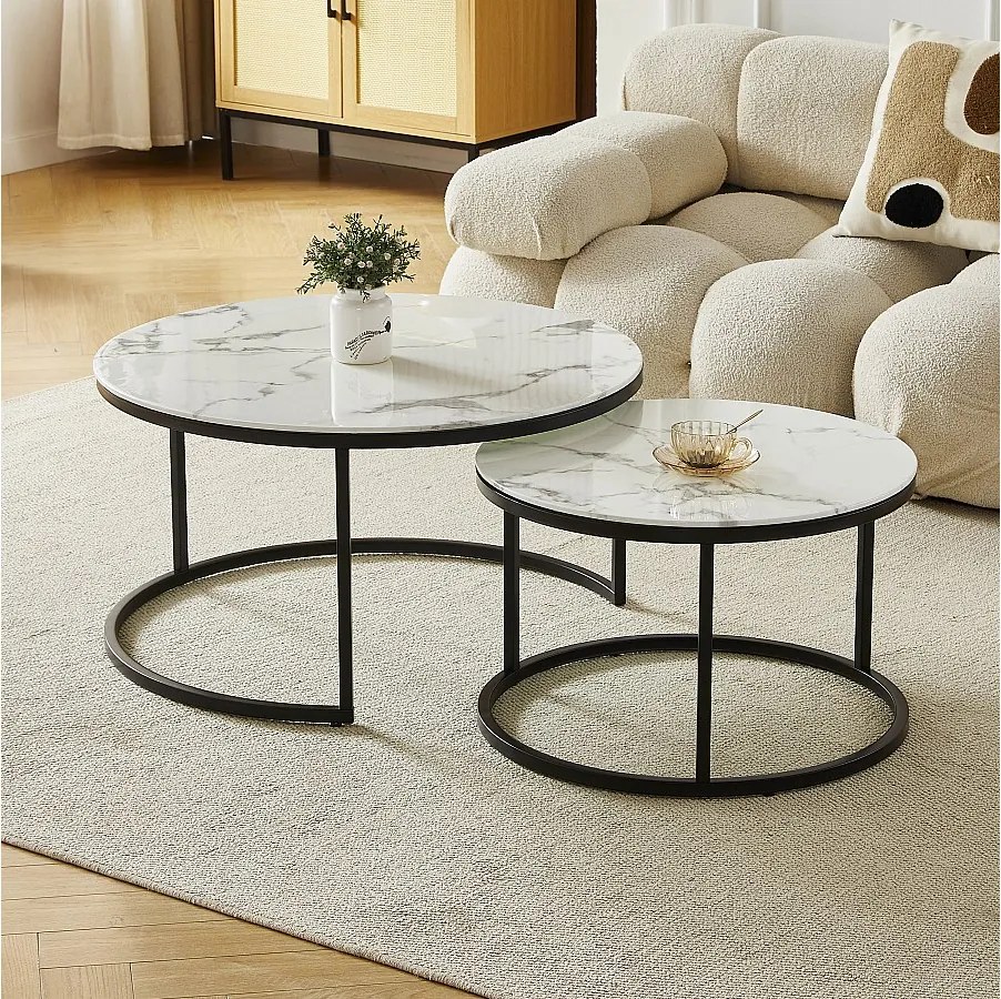 Zestaw stolików kawowych MILA – Hartowane szkło z efektem białego marmuru i czarny metal
