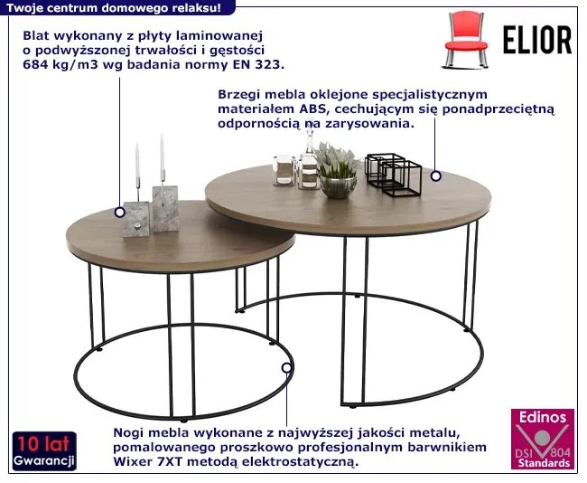 Loftowy komplet stolików kawowych czarny + dąb lancelot - Eksa 4X