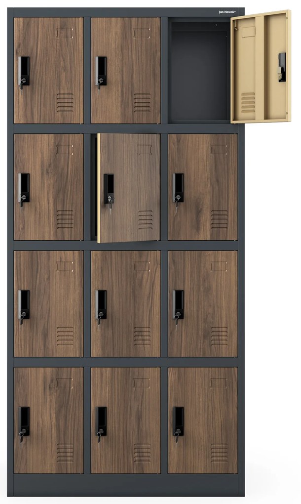 Szafka skrytkowa socjalna 12-skrytkowa antracytowa/orzech, 900x1850x400 mm: MARCIN Eco Design