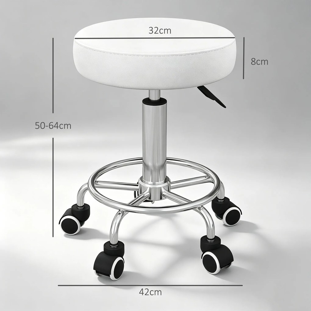 Vinsetto Taboret salonowy, regulowany wysokościowo, ekoskóra, do 110 kg, Ø42x50-64H cm, biały | Aosom PL
