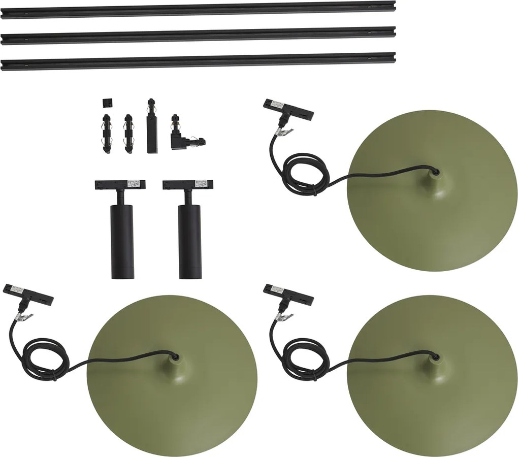 Nowoczesny system szynowy czarny z 2 reflektorami i 3 lampami wiszącymi zielonymi 1-fazowy - Slimline Uzzy Panzi