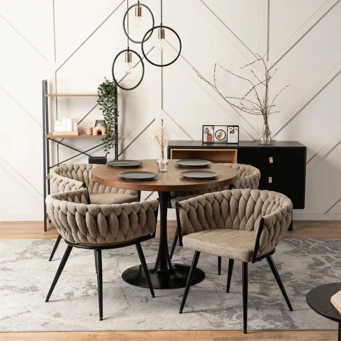 Krzesło Tapicerowane Plecione do Salonu EMPOLI Beżowe Nowoczesne Loft