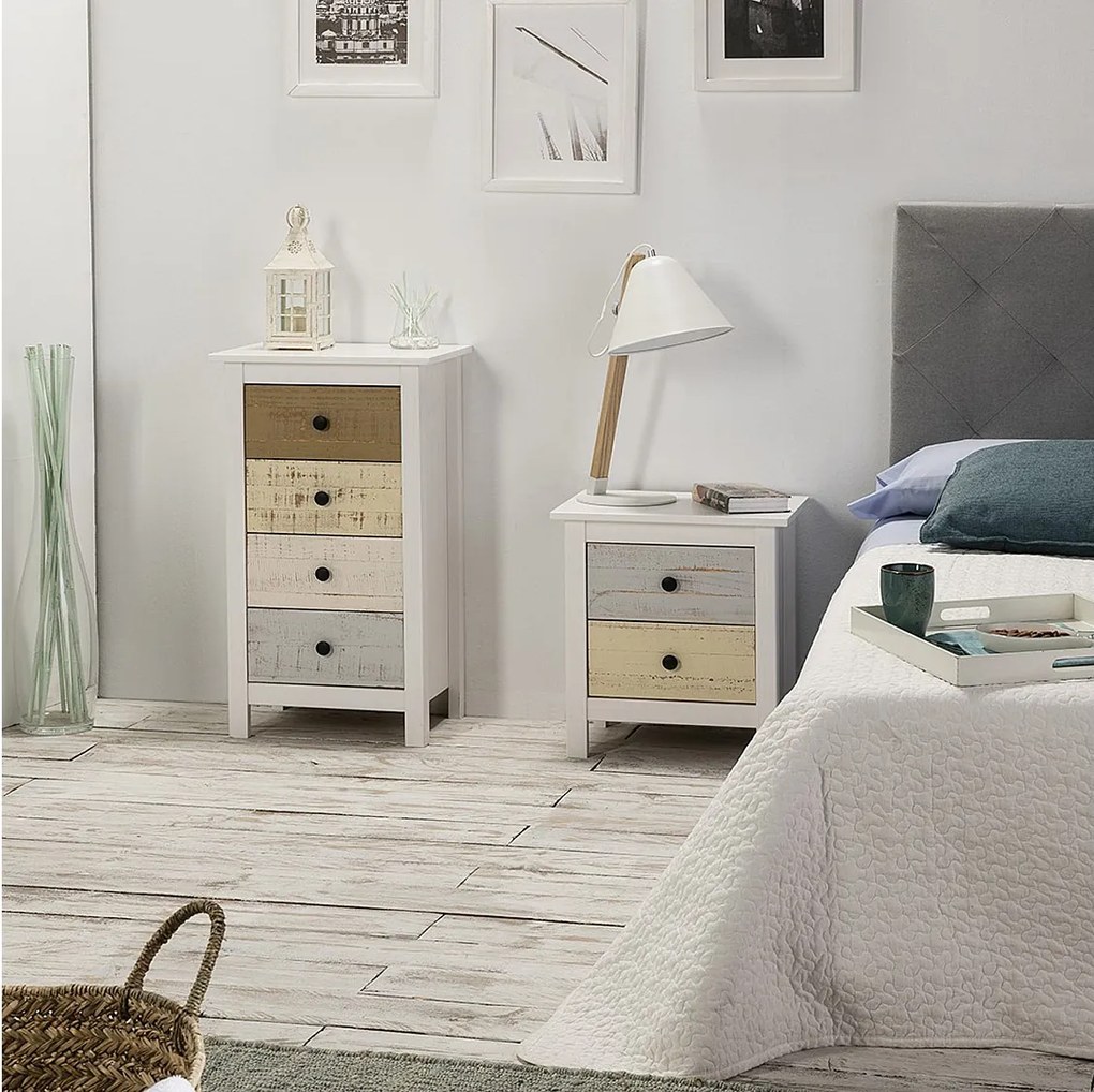 Stolik nocny z 2 szufladami Magda, w białym i wielokolorowym szufladach.