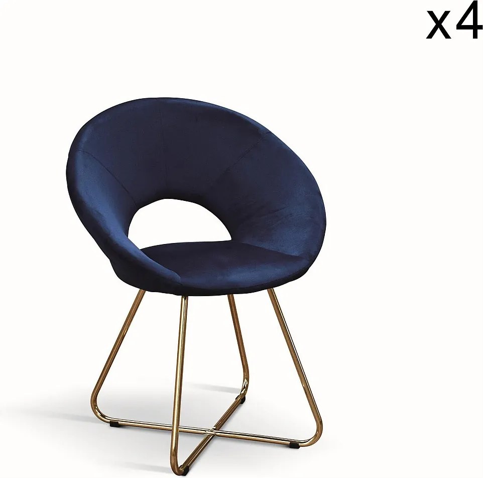 Zestaw 4 foteli z tkaniny z efektem aksamitu w kolorze niebieskim, metalowa podstawa w kolorze złotym - ZANTE