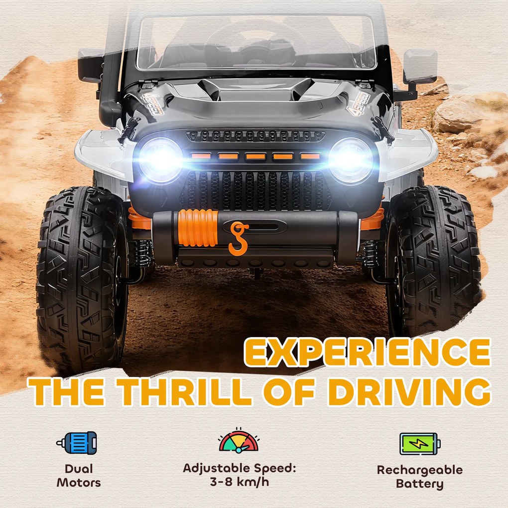 AIYAPLAY Pojazd elektryczny dla dzieci, bateria 12V, z miejscem rodzic-dziecko, zdalnie sterowalny, muzyka, klakson, lampy LED, 3-8 lat, Biały