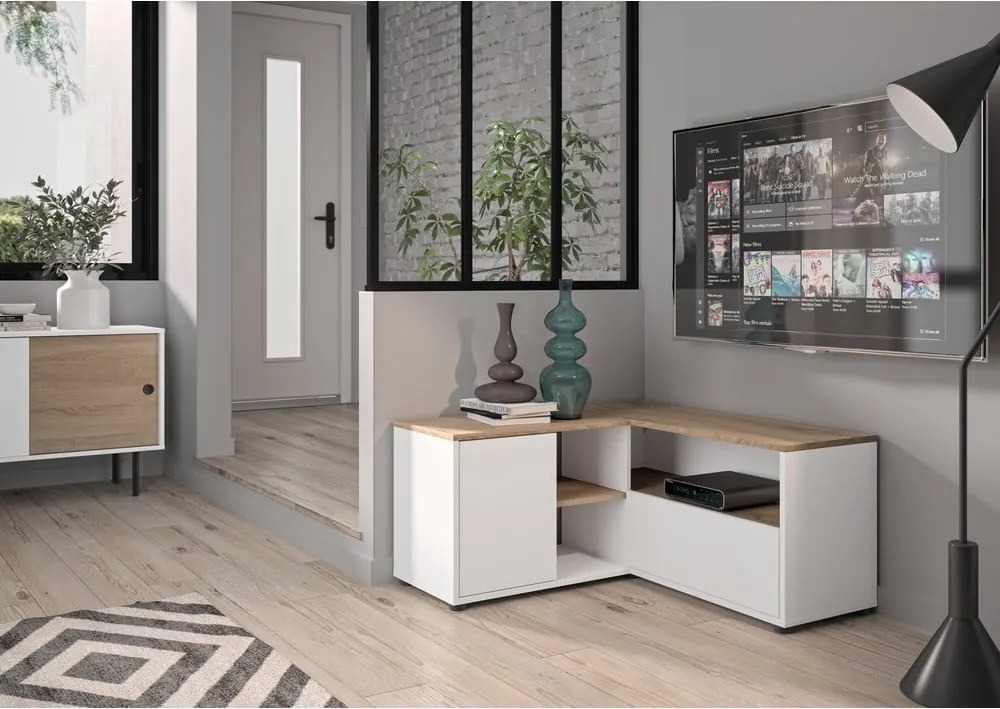 Biała szafka pod TV w dekorze dębu 90x45 cm Angle – TemaHome