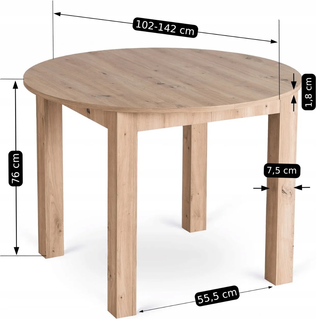 Okrągły stół rozkładany Harry 102-142 cm do małej jadalni, dąb artisan