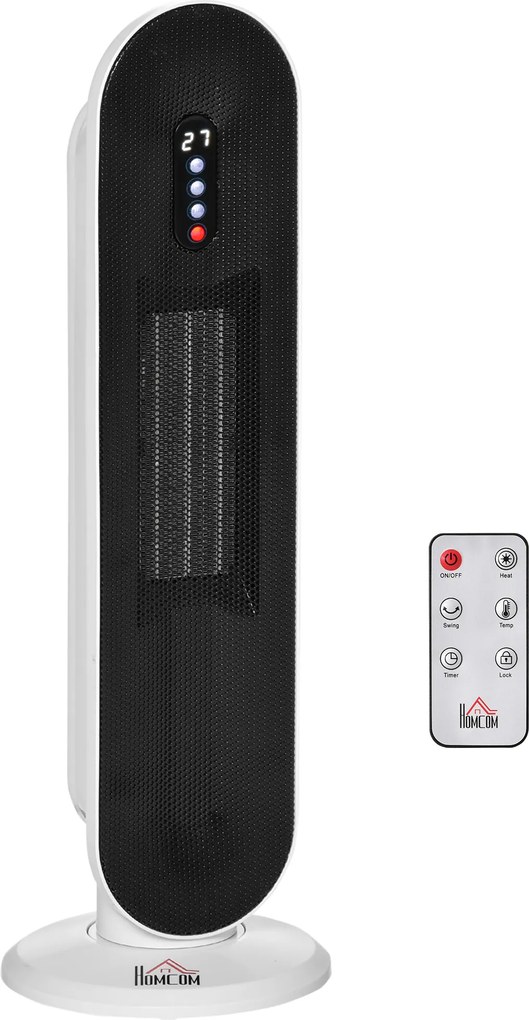 HOMCOM Grzejnik termoelektryczny 2000 Watt   Zdalne sterowanie 24-godzinny timer Oscylacja Metal, Plastik Biały + Czarny 21 x 21 x 63,5 cm