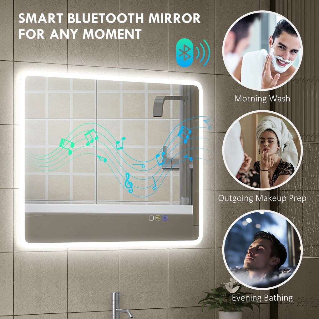 HOMCOM Lustro łazienkowe LED Bluetooth 70 x 90 cm przycisk dotykowy regulowane światło 3 kolory przeciwparowe pamięć Srebrny