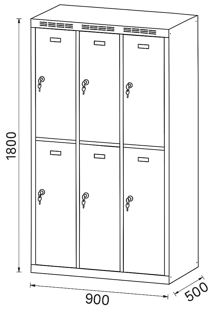Metalowa szafka skrytkowa S6, 6 schowków, 1800 x 900 x 500 mm, zamek obrotowy, drzwi ciemnoszare