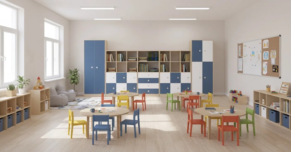 Zestaw mebli do szkół podstawowych Blox Colours 18, fronty pastelowe niebieskie