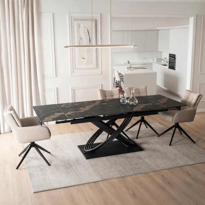 Zestaw Stół Rozkładany IBIZA 160-240 cm Czarny Marmur i 4 Krzesła Tapicerowane JULY Beżowe Nowoczesne