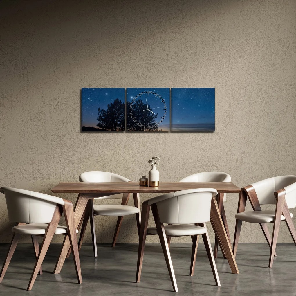 Obraz drzew w nocy (z zegarem) (90x30 cm)