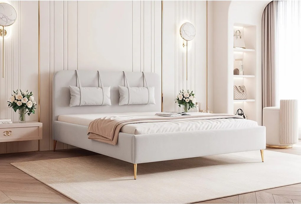 BESILIO Łóżko na złotych nogach 140x200 Monti II - Łóżko slim, ozdobne poduszki ściągane, metalowe nogi, ze stelażem i pojemnikiem na pościel- Jasnoszary