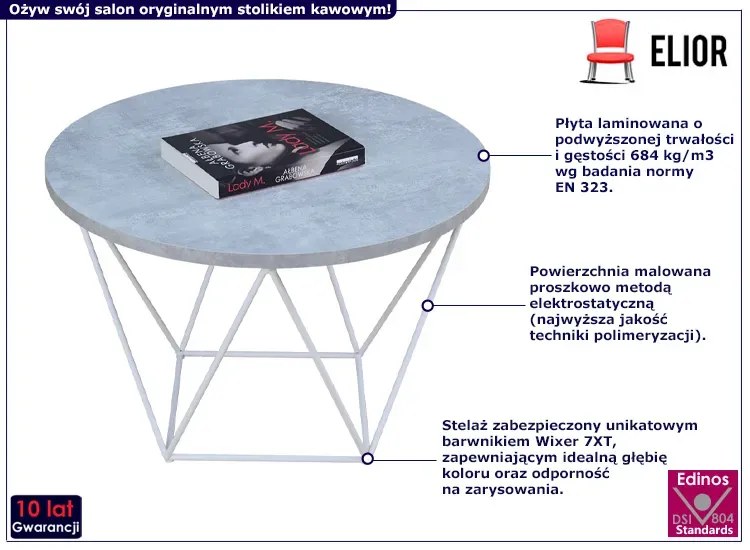 Nowoczesny stolik kawowy z metalowym stelażem beton Qiva