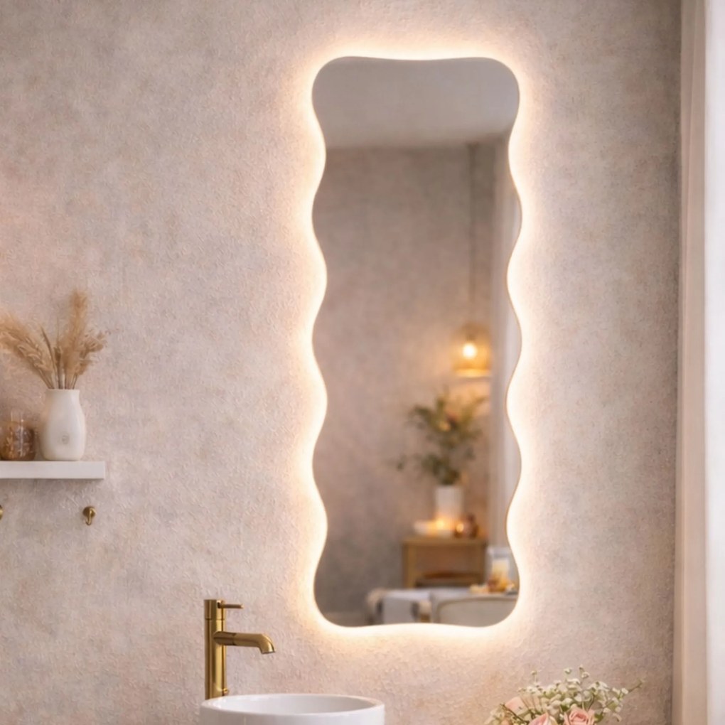 Lustro dekoracyjne oszlifowane z podświetleniem WAVE Slim LED | Różne rozmiary | Różne kolory : Kolor tafli szkła - Srebrny, Rozmiar - 60x145