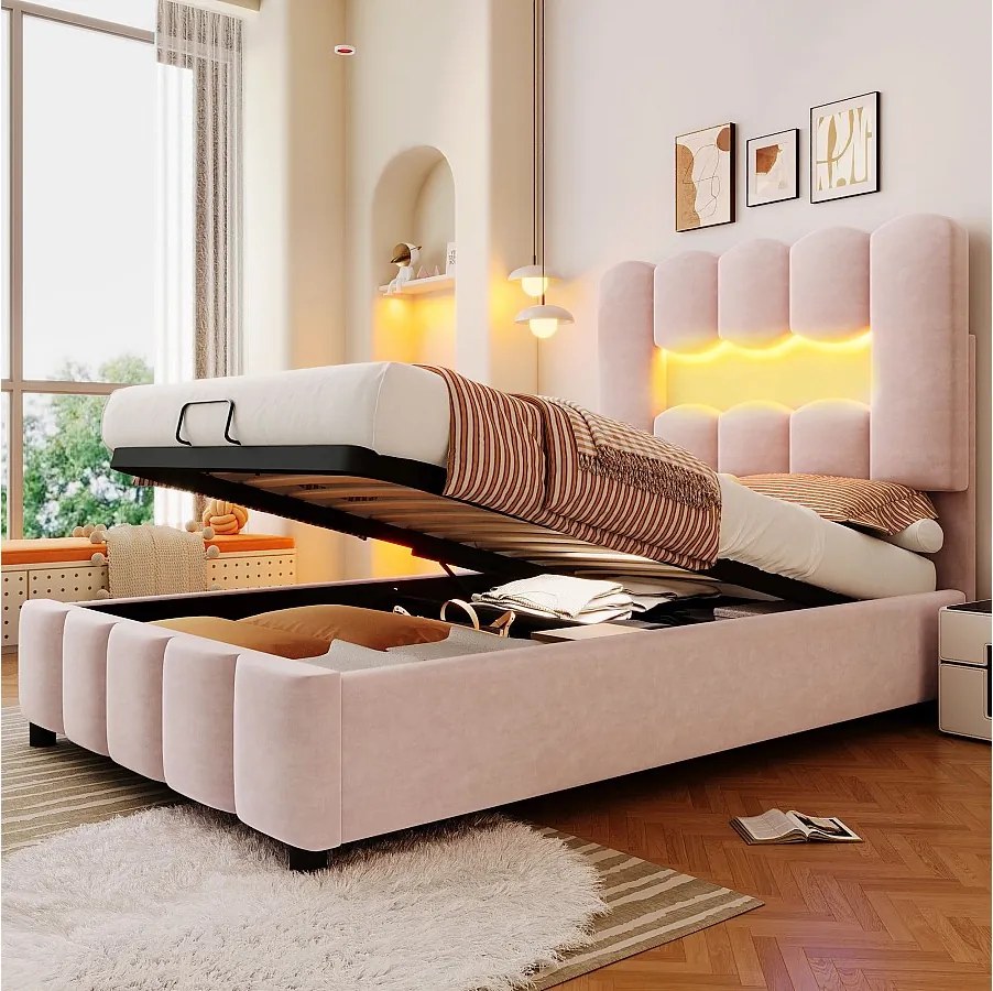 Łóżko z pojemnikiem 90 x 200 cm - Łóżko dziecięce z oświetleniem LED i regulowanym zagłówkiem - różowy aksamit - materac nie jest wliczony w cenę