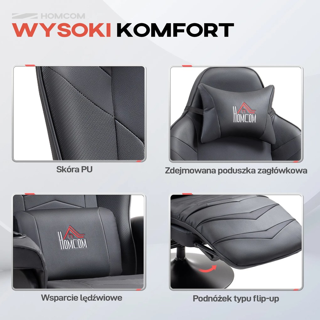 HOMCOM Fotel Gamingowy z Masażem, Regulowane Oparcie, Podnóżek, do 120 kg, Stelaż Stalowy, Sztuczna Skóra, Czarny | Aosom PL