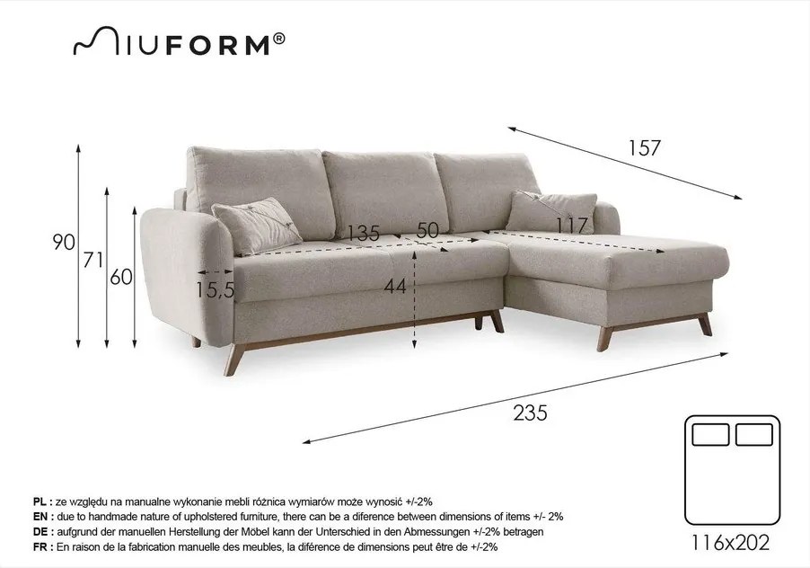 Ciemnoszary narożnik rozkładany Miuform Scandic Lagom, prawostronny