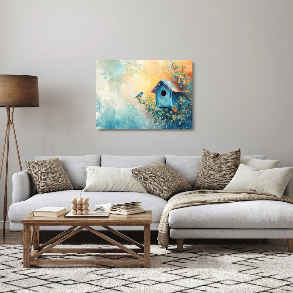 Obraz na szkle - Domek dla ptaków, akwarela (70x50 cm)