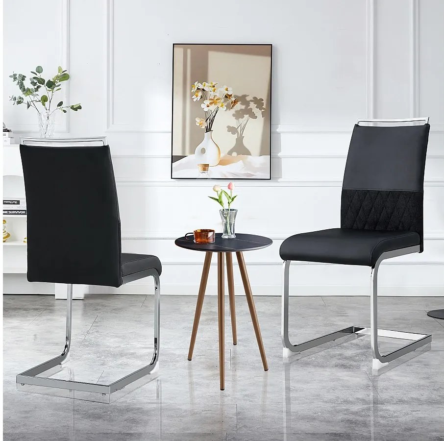 Komplet 2 czarnych krzeseł do jadalni - oparcie w paski i 4 podnóżki - tapicerka poliuretanowa i len