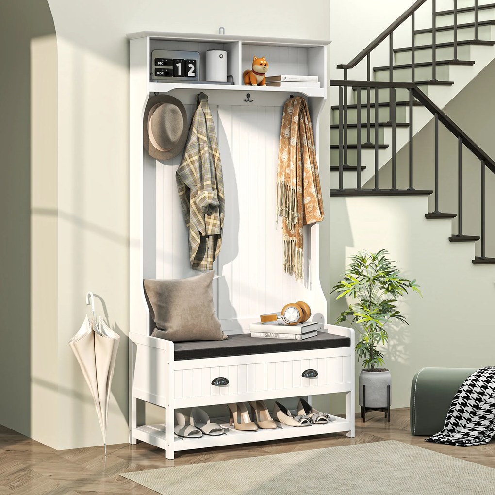 HOMCOM Garderoba z Haczykami, Stojak na Buty, do Przedpokoju, Korytarza, Metal, MDF, Biały+Szary