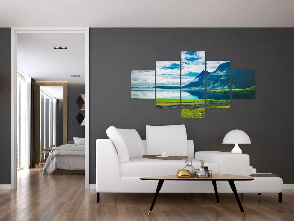 Obraz jeziora z górami (125x70 cm)