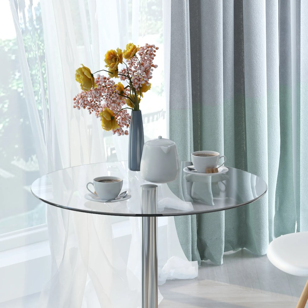 HOMCOM Okrągły Stół Jadalniany ze Szkłem, Metalowa Konstrukcja, Kolor Srebrny