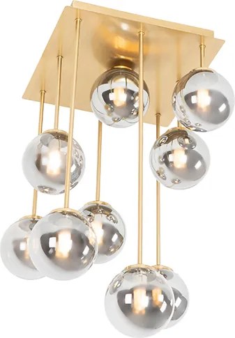 Plafon art deco złoty 9-źródeł światła z przydymionym szkłem - Athens