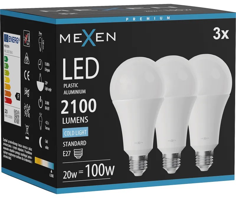 Mexen Nova 3x żarówka LED E27, A70, 20W, Zimna - 6500K, 2100 lm - L100-E27-2065-01x03