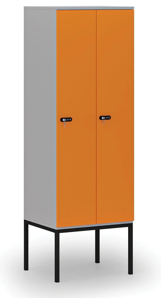 Drewniana szafa ubraniowa S4 z podstawą, 2-drzwiowa, 1871 x 600 x 500 mm, demontaż, zamek mechaniczny z kodem, szary/pomarańczowy