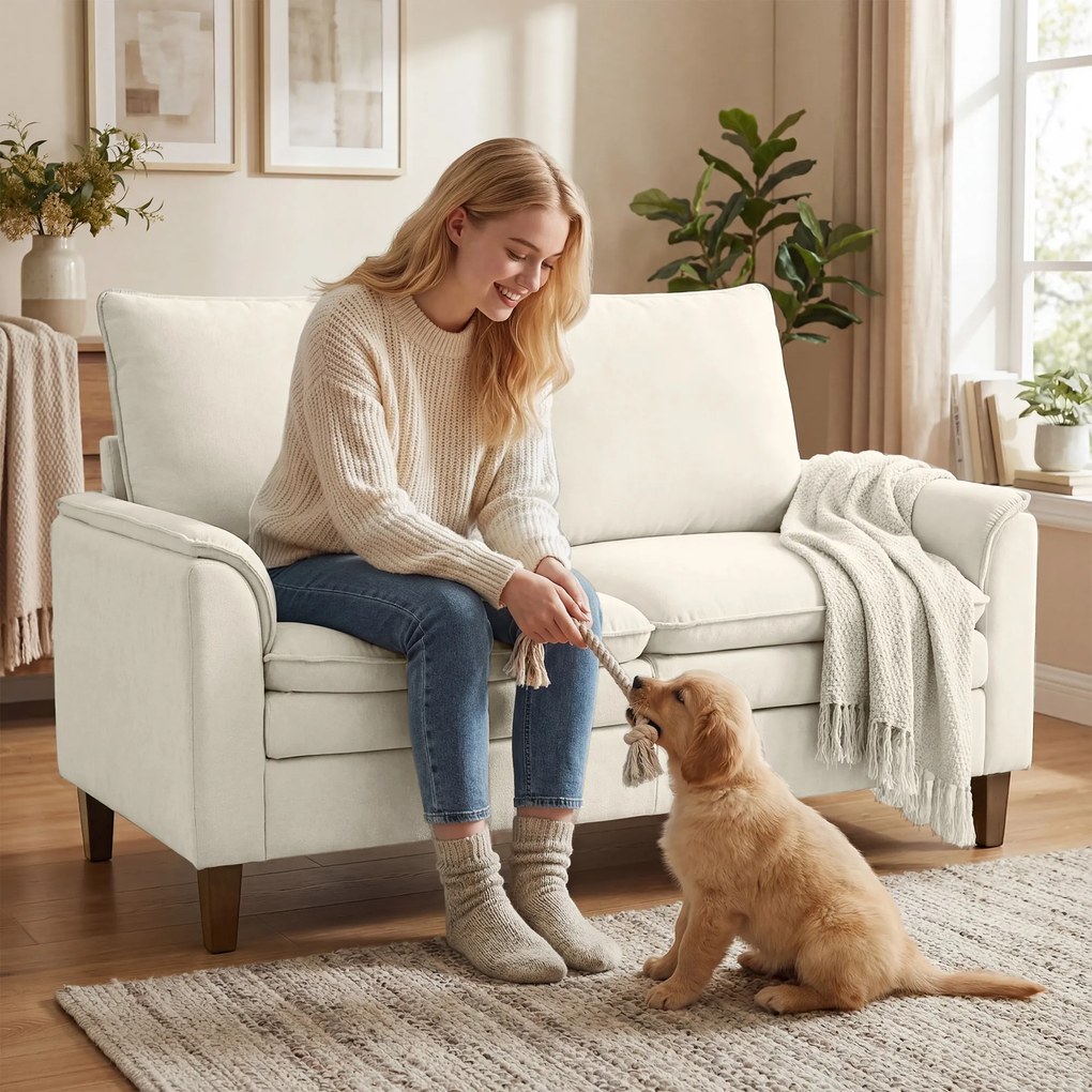 HOMCOM 146 cm dwuosobowa sofa, sofa z chenille, dwuwarstwowe tapicerowanie, poduszki sprężynowe, głębokie siedzisko, wysokie oparcie, kremowa | Aosom PL