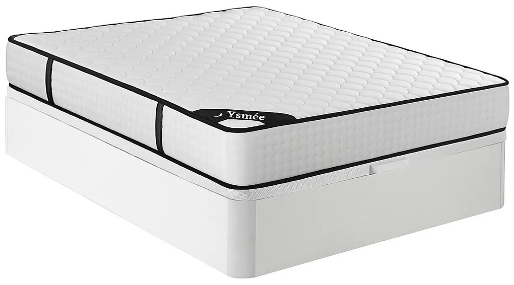 Zestaw 140 x 190 cm: stelaż skrzyniowy w białym kolorze + materac z 7-strefowymi sprężynami kieszeniowymi i pianką memory o grubości 22 cm – LUREAN od YSMÉE