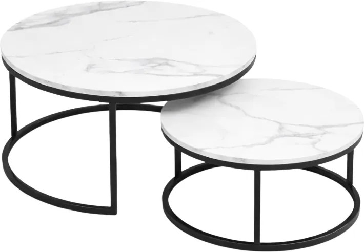 Zestaw 2 okrągłych stolików kawowych MARBLEX, czarny/biały marmur